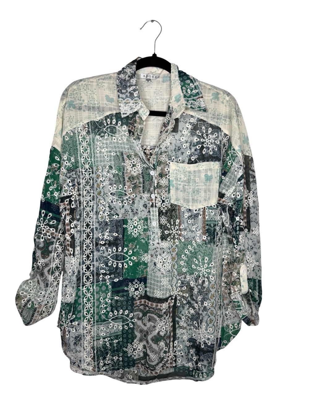 ADORE / green white floral embroidered boho printed popover blouse top / M